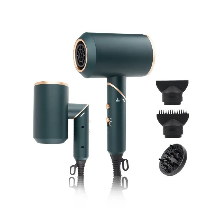 Foldable hair dryer in dark green with gold trim, showing concentrator nozzle and diffuser attachment.