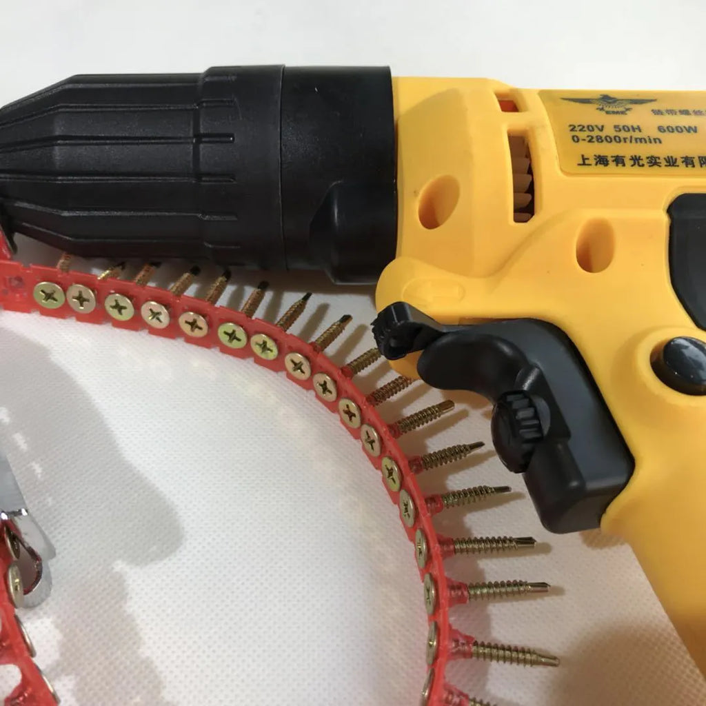 Yellow handheld electric chain nail machine with automatic feeding system and pistol grip handle
