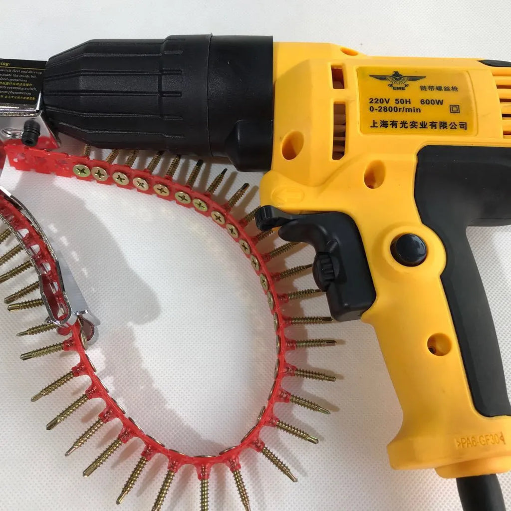 Yellow handheld electric chain nail machine with automatic feeding system and pistol grip handle
