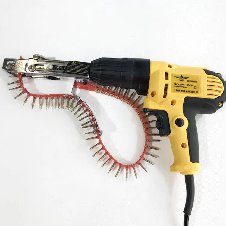 Yellow handheld electric chain nail machine with automatic feeding system and pistol grip handle
