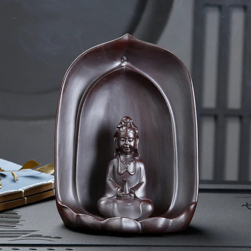 Ceramic Guanyin sitting lotus back flow incense burner for Buddhist altars
