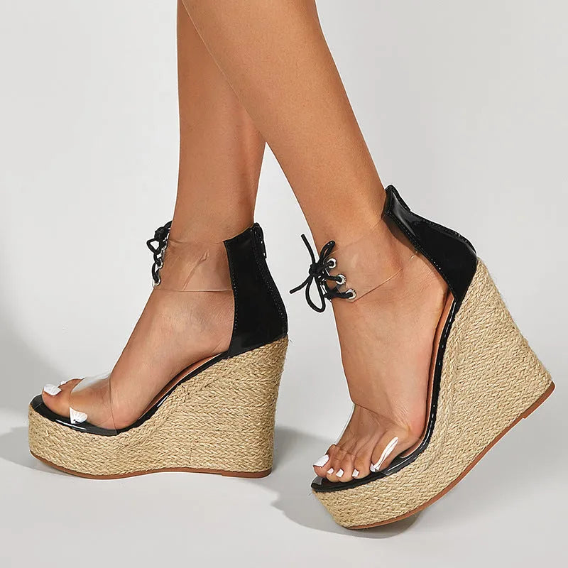 Black women's wedge sandals with a high hemp rope tie and over 8cm heel.