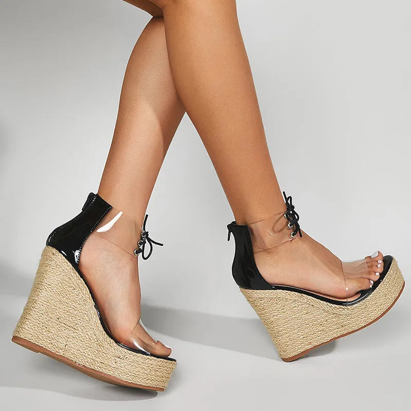 Black women's wedge sandals with a high hemp rope tie and over 8cm heel.