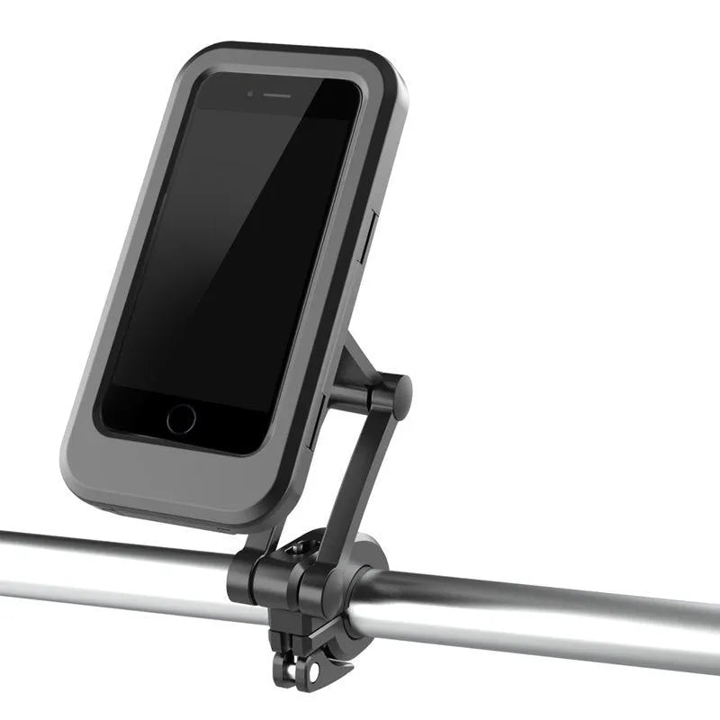 Black adjustable waterproof bicycle and motorcycle phone holder mount for 4 to 6.7 inch mobile devices.