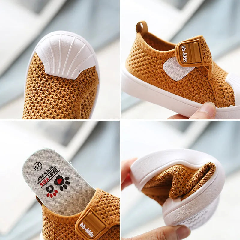 Children's striped casual sneakers with soft PVC sole in yellow, black, grey, or rubber powder.