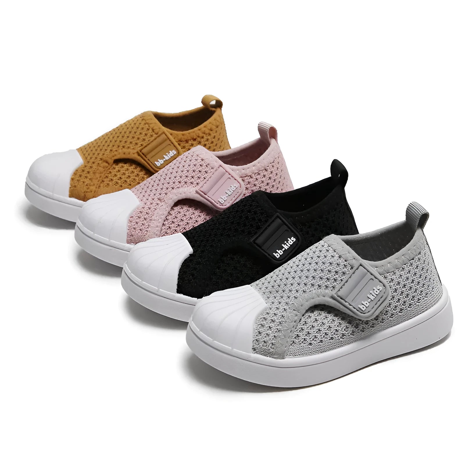 Children's striped casual sneakers with soft PVC sole in yellow, black, grey, or rubber powder.