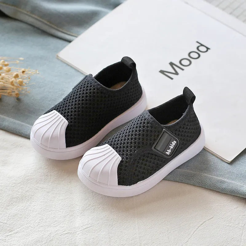 Children's striped casual sneakers with soft PVC sole in yellow, black, grey, or rubber powder.