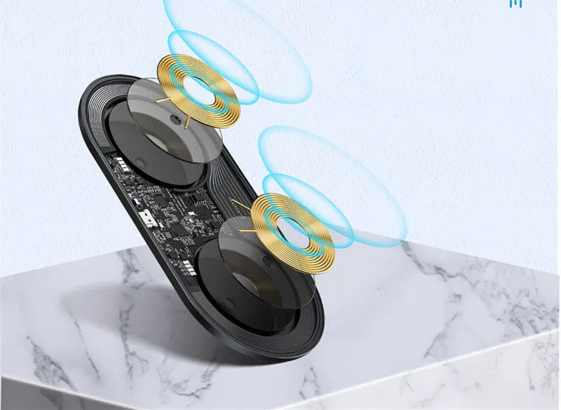 Baseus minimalist two-in-one wireless charger power bank in black, transparent, and white colours.
