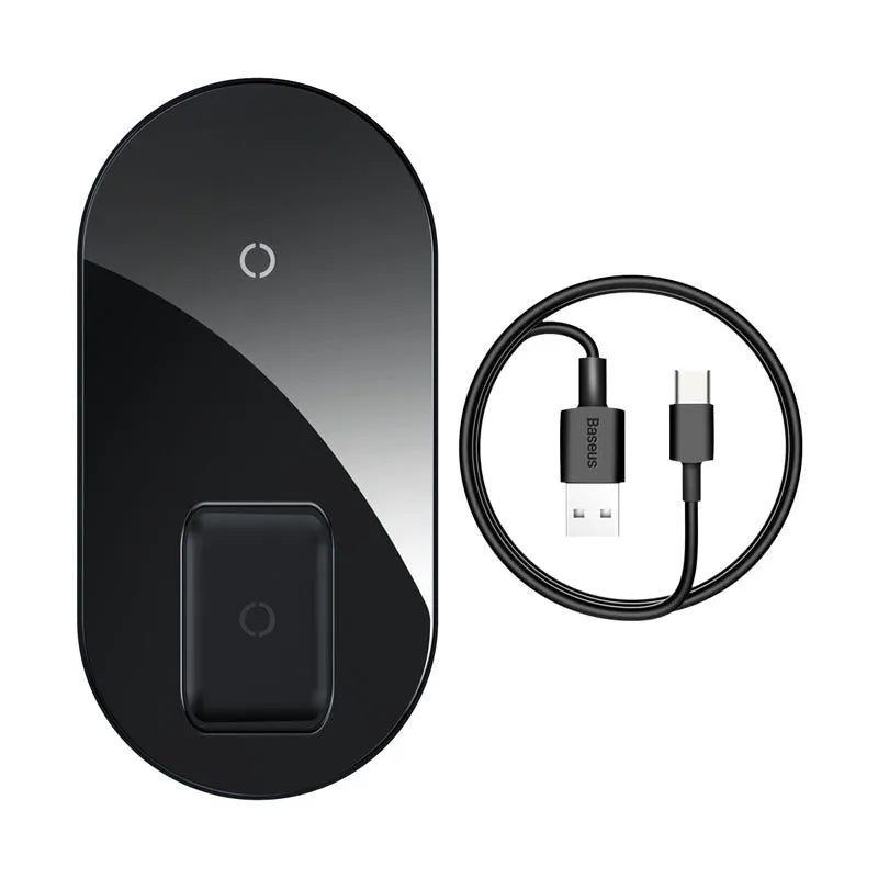 Baseus minimalist two-in-one wireless charger power bank in black, transparent, and white colours.