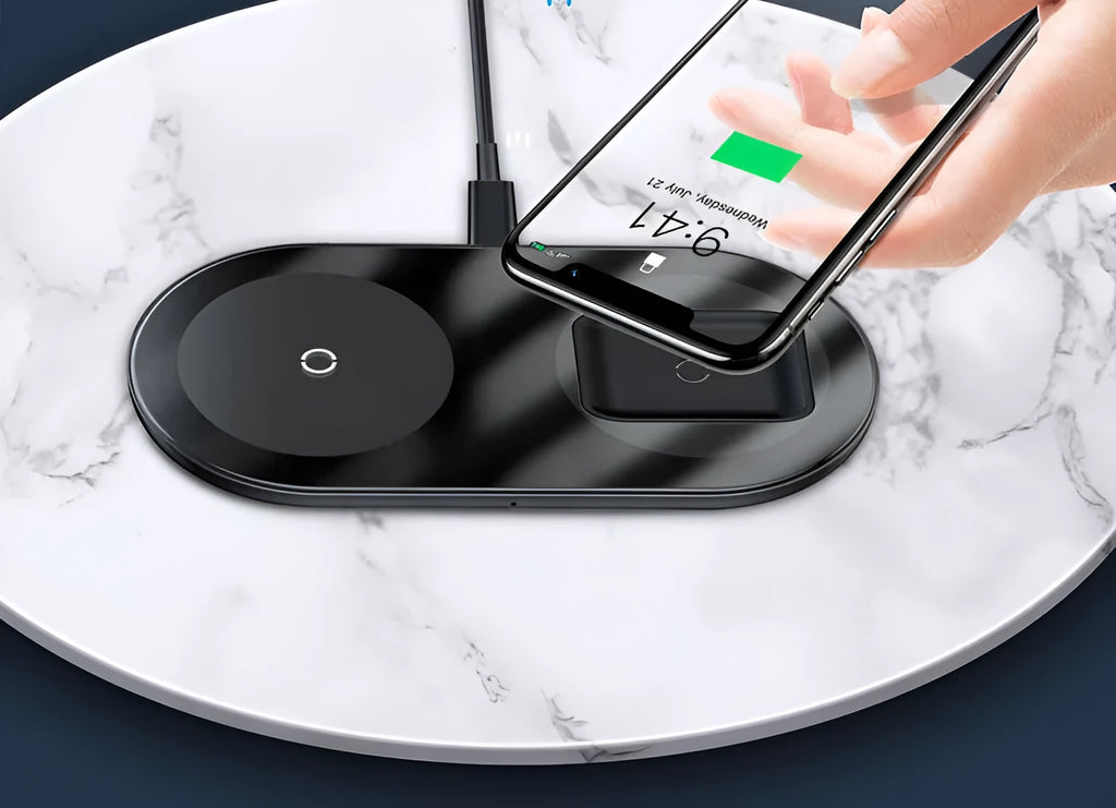 Baseus minimalist two-in-one wireless charger power bank in black, transparent, and white colours.