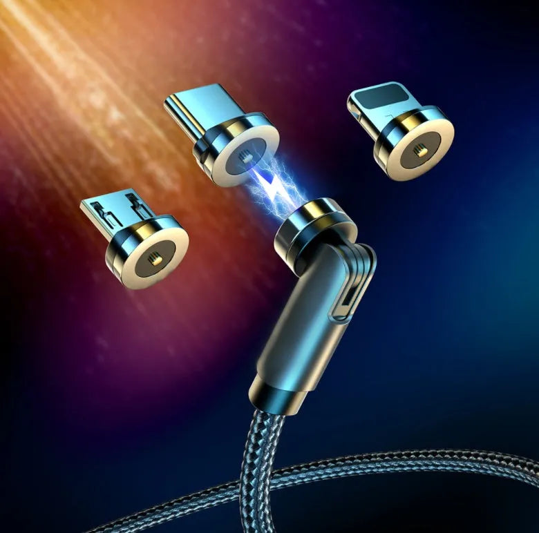 Essager rotating magnetic USB charging cable with blue LED light showing 360-degree rotation