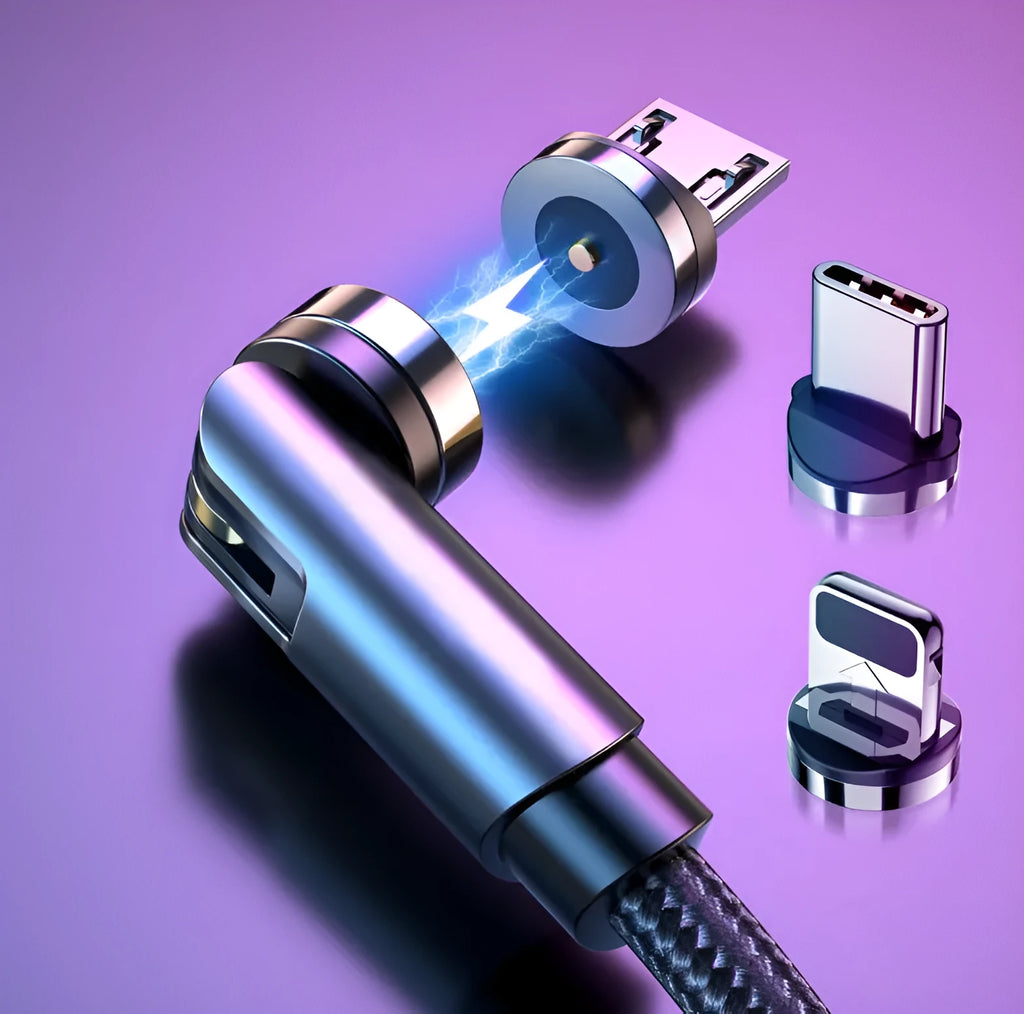 Essager rotating magnetic USB charging cable with blue LED light showing 360-degree rotation