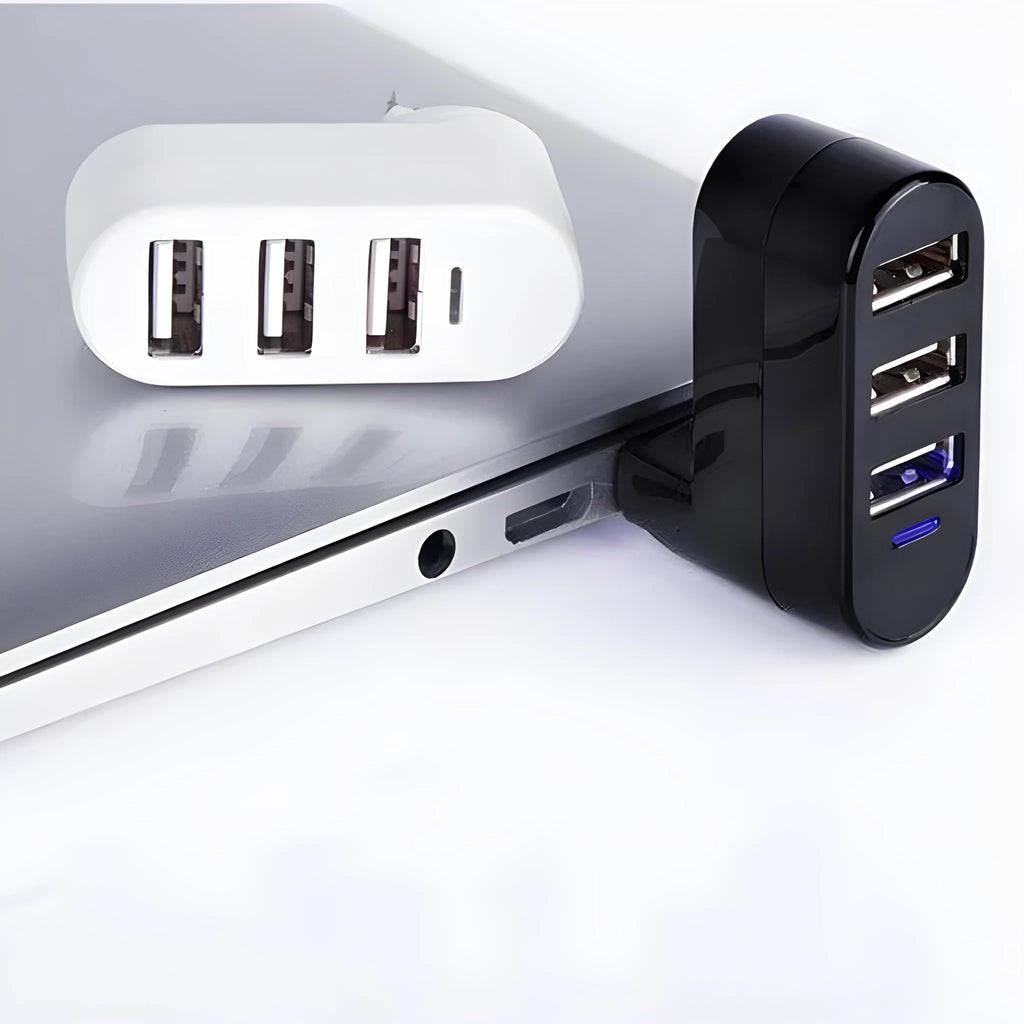 Black and white USB 2.0 hub splitter with multiple high-speed expansion ports for computer connectivity