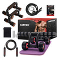 Push-up bracket rebound pull rope set with four-wheeled abdominal muscle wheel on a home gym floor