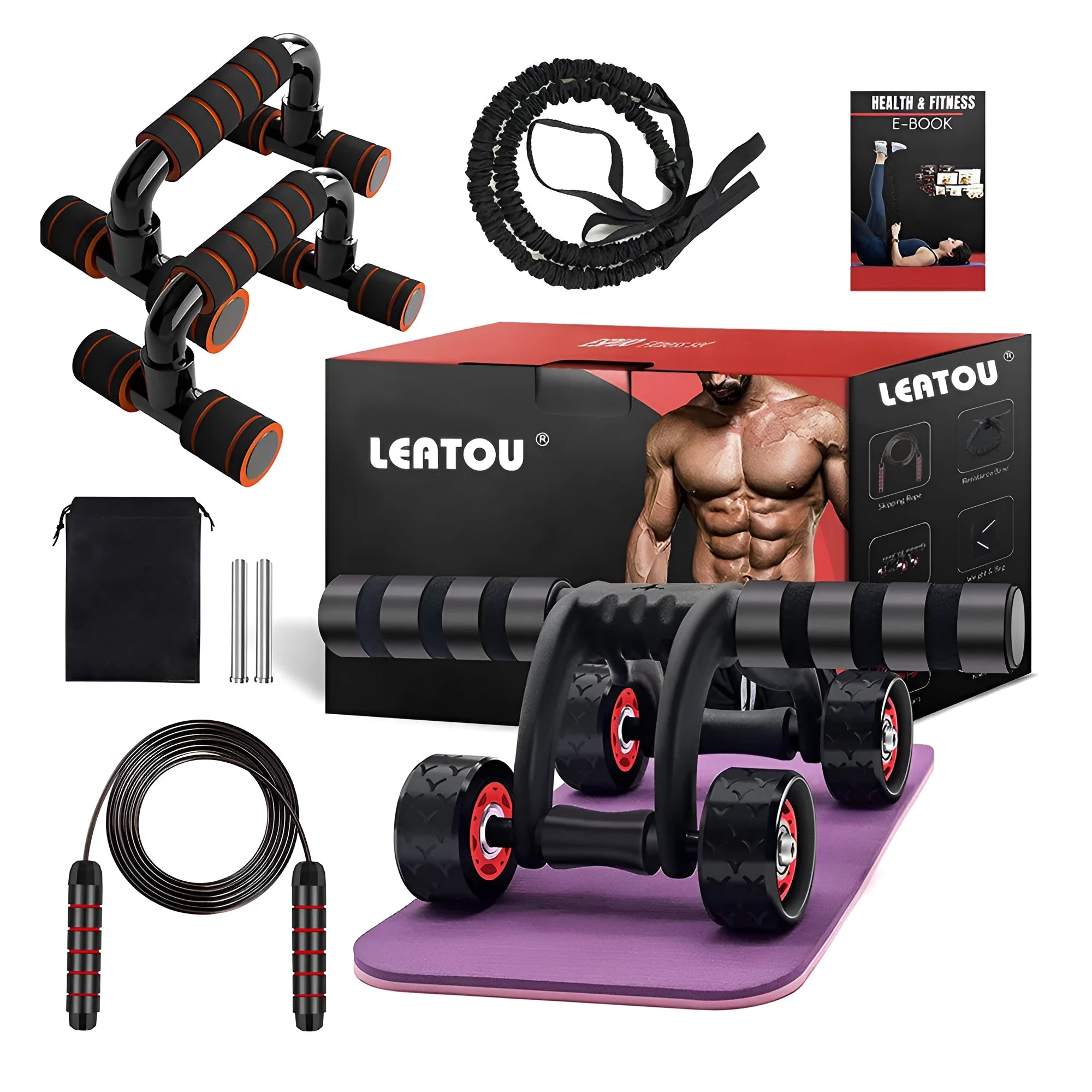 Push-up bracket rebound pull rope set with four-wheeled abdominal muscle wheel on a home gym floor