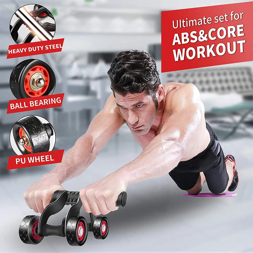 Push-up bracket rebound pull rope set with four-wheeled abdominal muscle wheel on a home gym floor