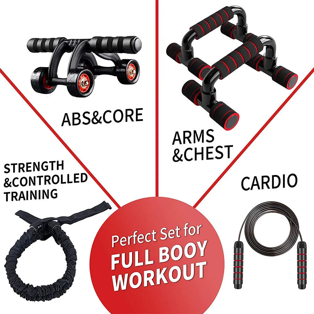 Push-up bracket rebound pull rope set with four-wheeled abdominal muscle wheel on a home gym floor