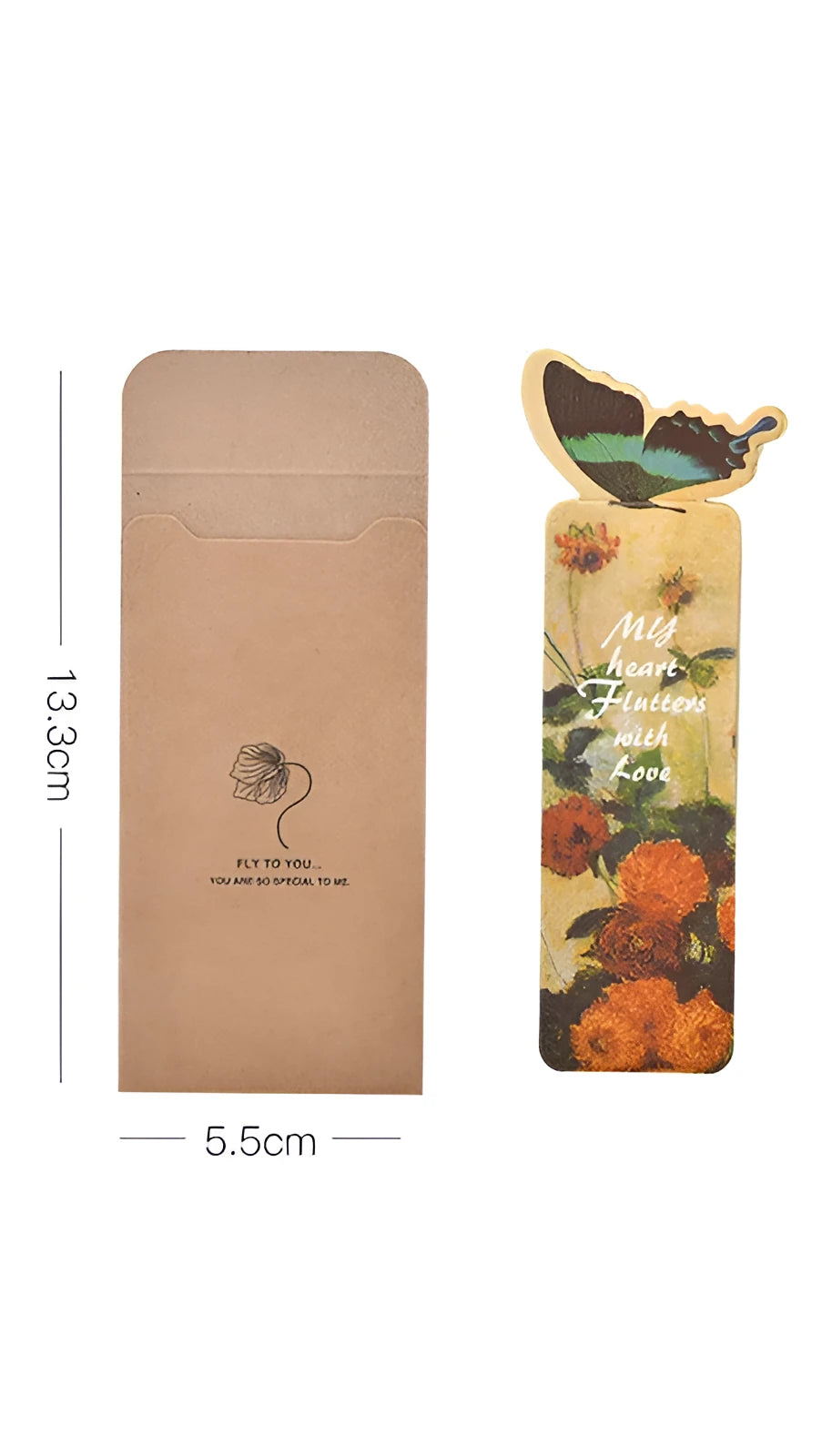 Cute butterfly paper bookmark in Japanese and South Korean stationery style, measuring 13.5cm by 5.5cm.