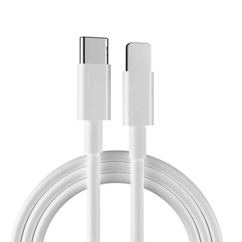 White 20W USB-C PD fast charger with 1 metre USB-C to Lightning cable for iPhone and iPad.