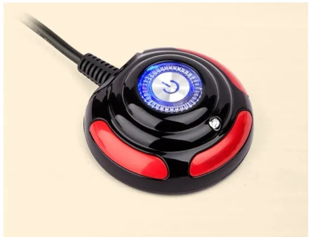 Black and red desktop computer switch box with on/off button, reset button and 1.6 metre cable