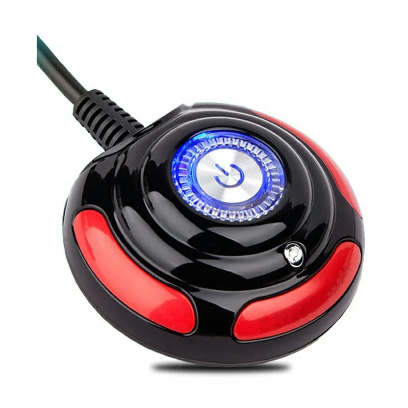 Black and red desktop computer switch box with on/off button, reset button and 1.6 metre cable