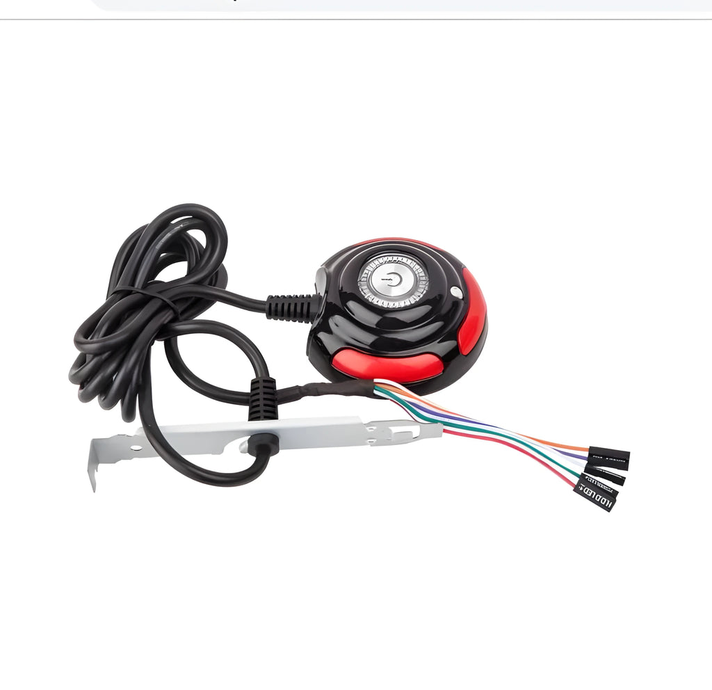 Black and red desktop computer switch box with on/off button, reset button and 1.6 metre cable