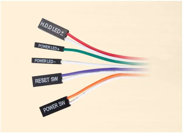 Black and red desktop computer switch box with on/off button, reset button and 1.6 metre cable