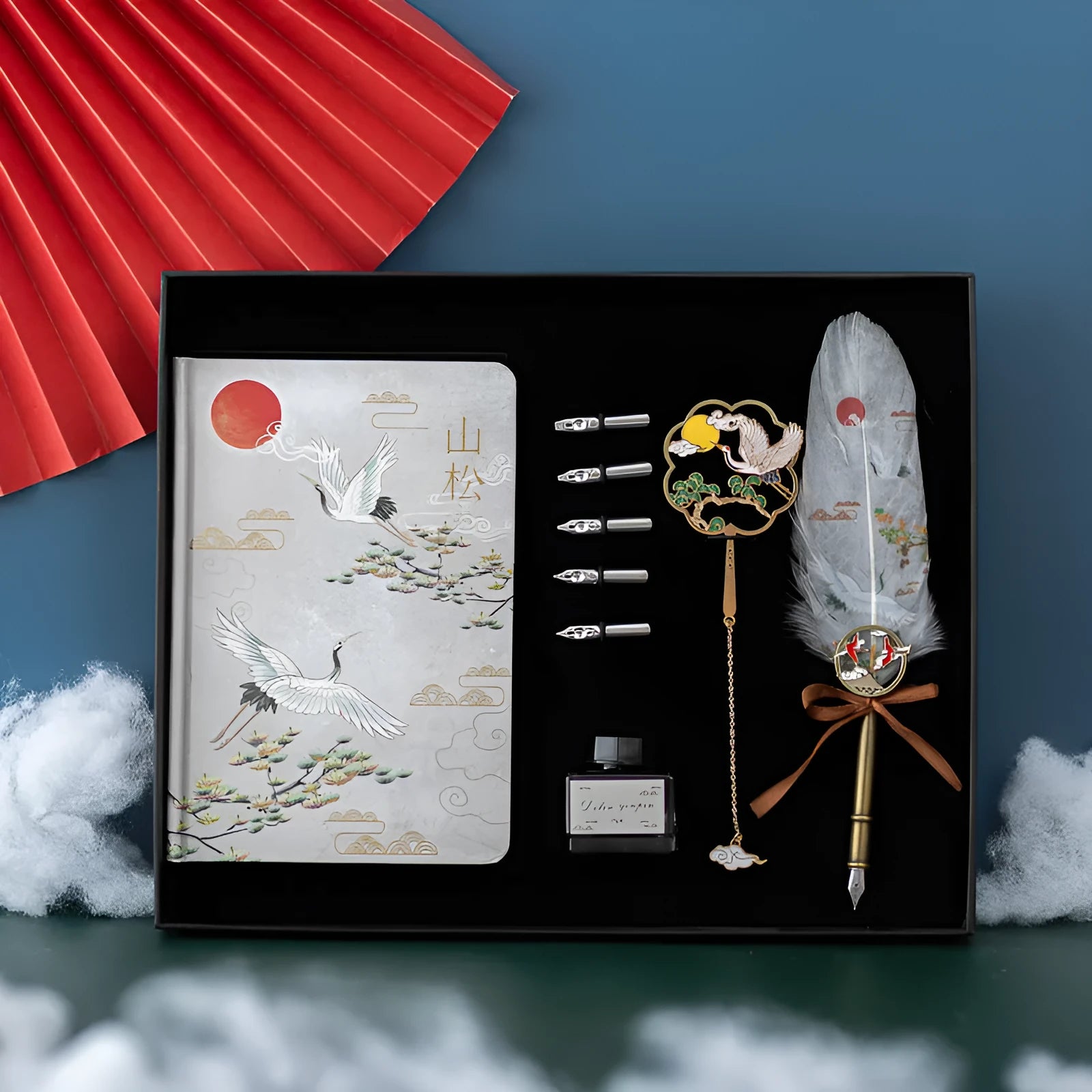 Chinese style metal sheath feather pen, coloured nibs, and Jianhegui notebook set.