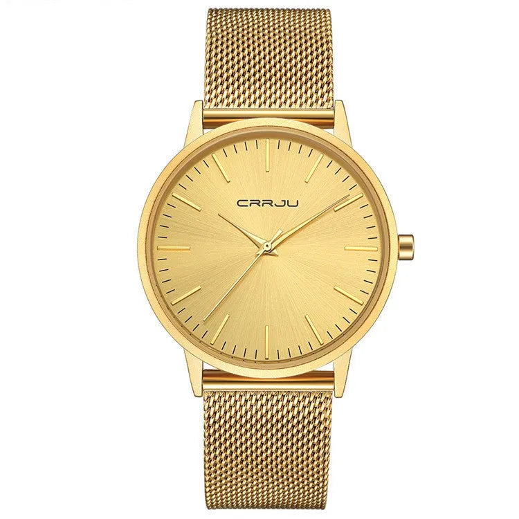 Casual quartz wristwatch with alloy case and plexiglass mirror showing black dial with grey markers on mesh strap