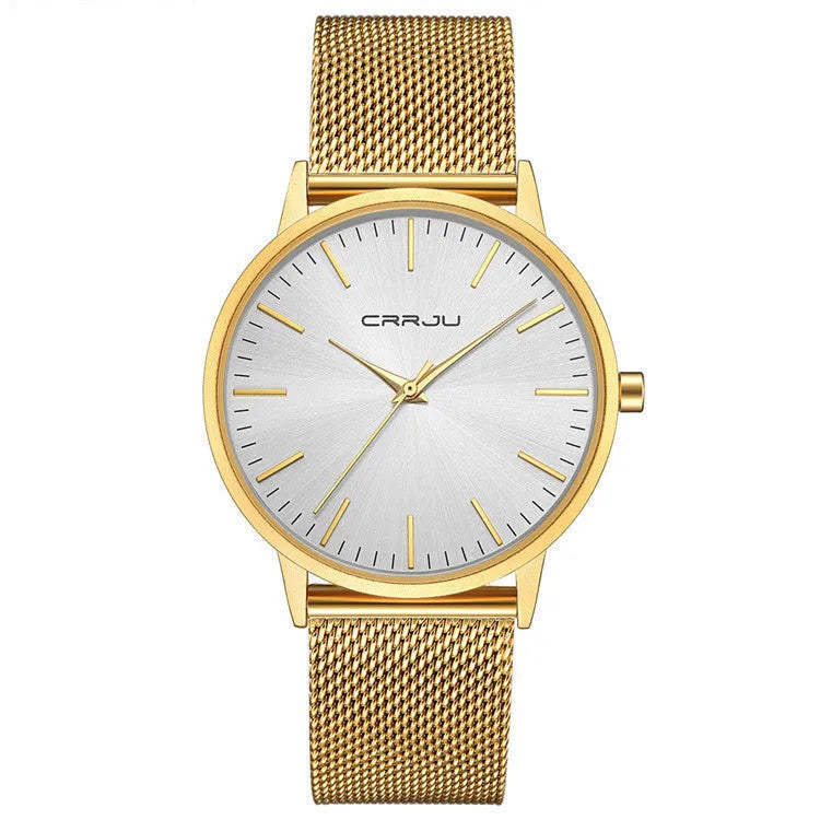 Casual quartz wristwatch with alloy case and plexiglass mirror showing black dial with grey markers on mesh strap