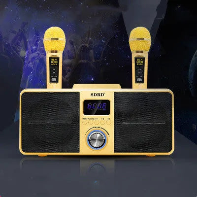 Black home KTV Bluetooth speaker with dual wireless microphones for mobile phone karaoke