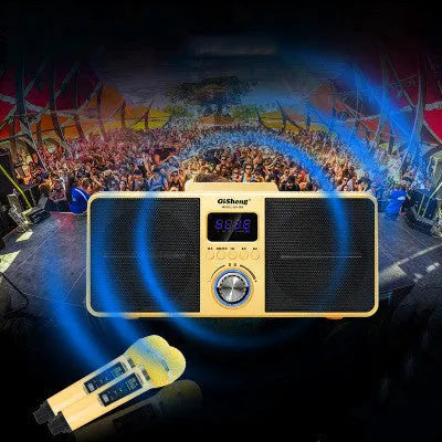 Black home KTV Bluetooth speaker with dual wireless microphones for mobile phone karaoke