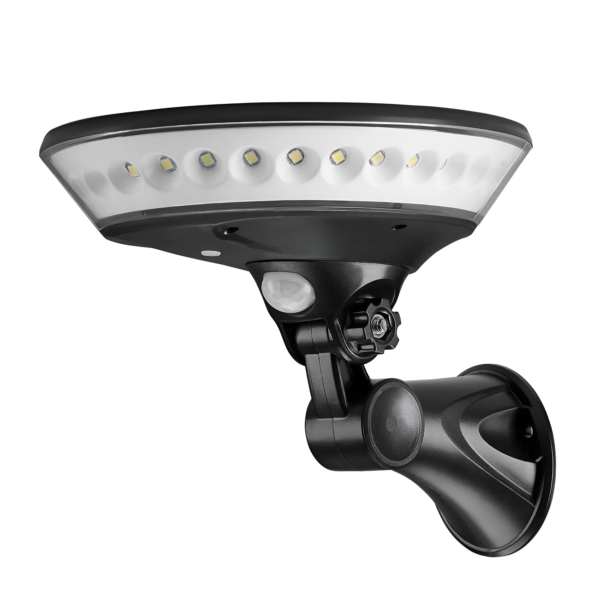 White 360-degree solar garden light with integrated solar panel on top, suitable for outdoor pathways.