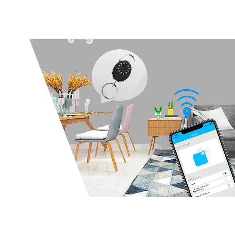 Black Bluetooth tracker keychain compatible with Apple Find My network, showing compact design.