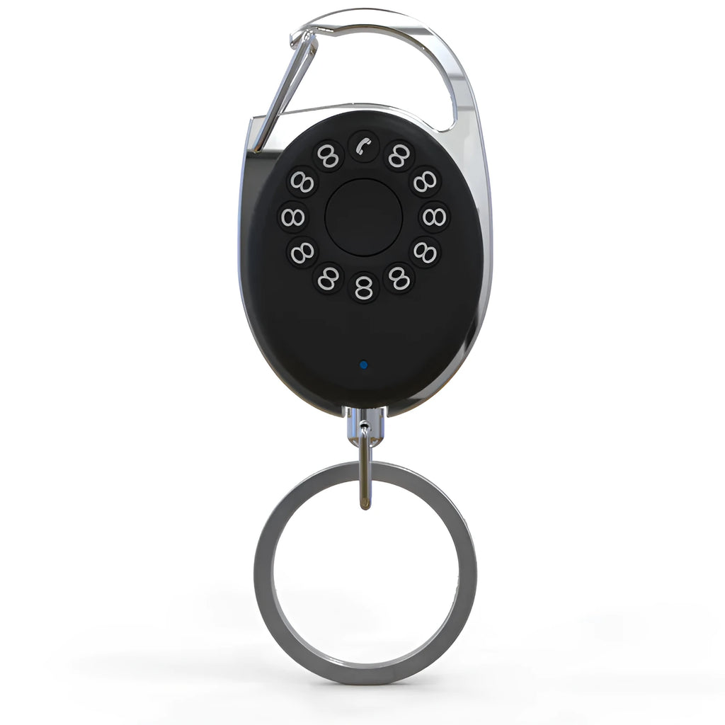 Black Bluetooth tracker keychain compatible with Apple Find My network, showing compact design.