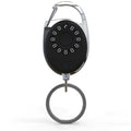 Black Bluetooth tracker keychain compatible with Apple Find My network, showing compact design.
