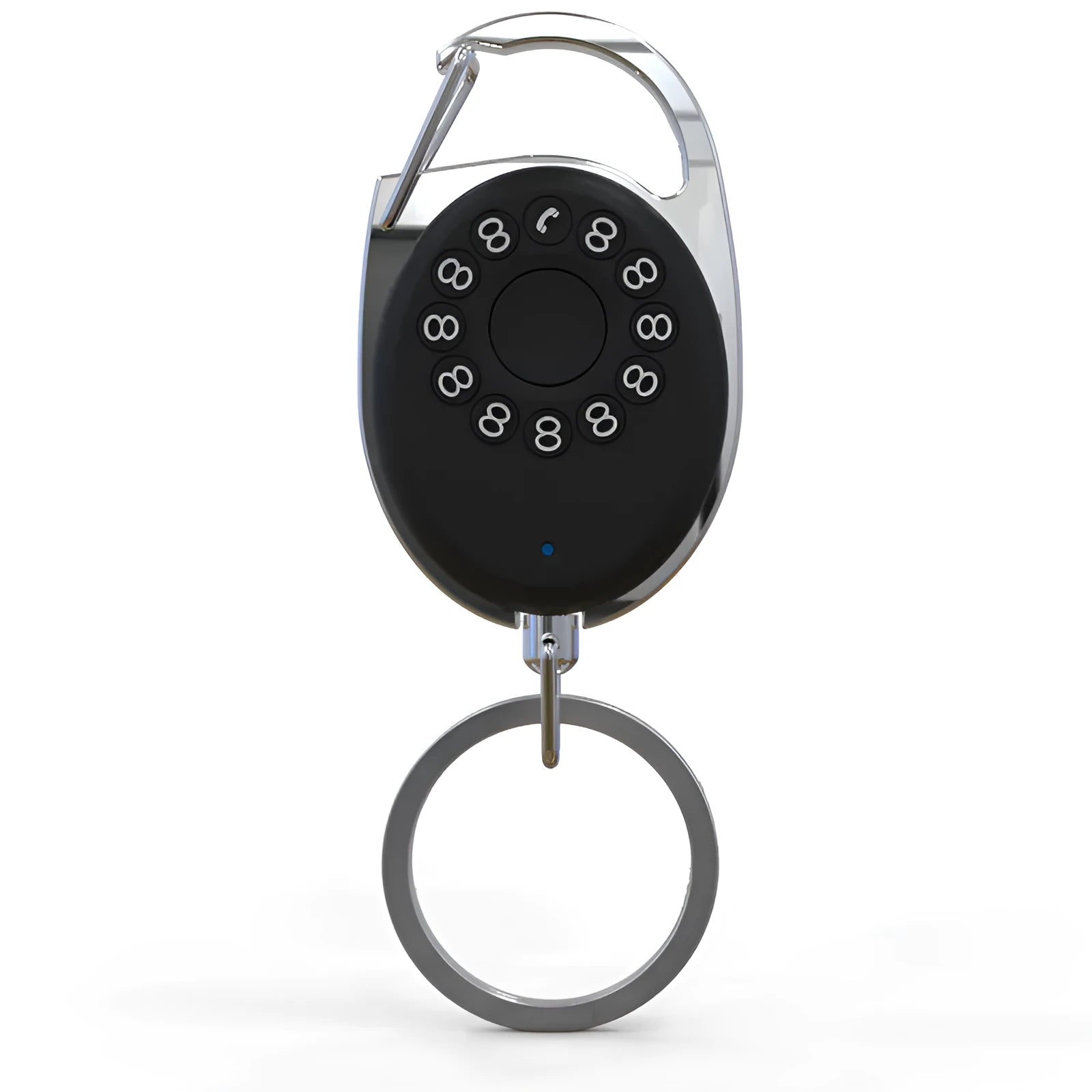 Black Bluetooth tracker keychain compatible with Apple Find My network, showing compact design.
