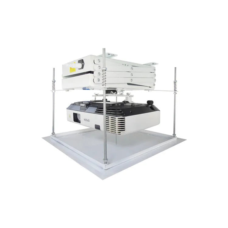 Electric ceiling projector lifting hanger with ultra-thin chassis and wireless remote control unit.