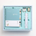 Peekaboo gift box hand ledger open showing pages, with pen, dimensions 13cm by 18cm.