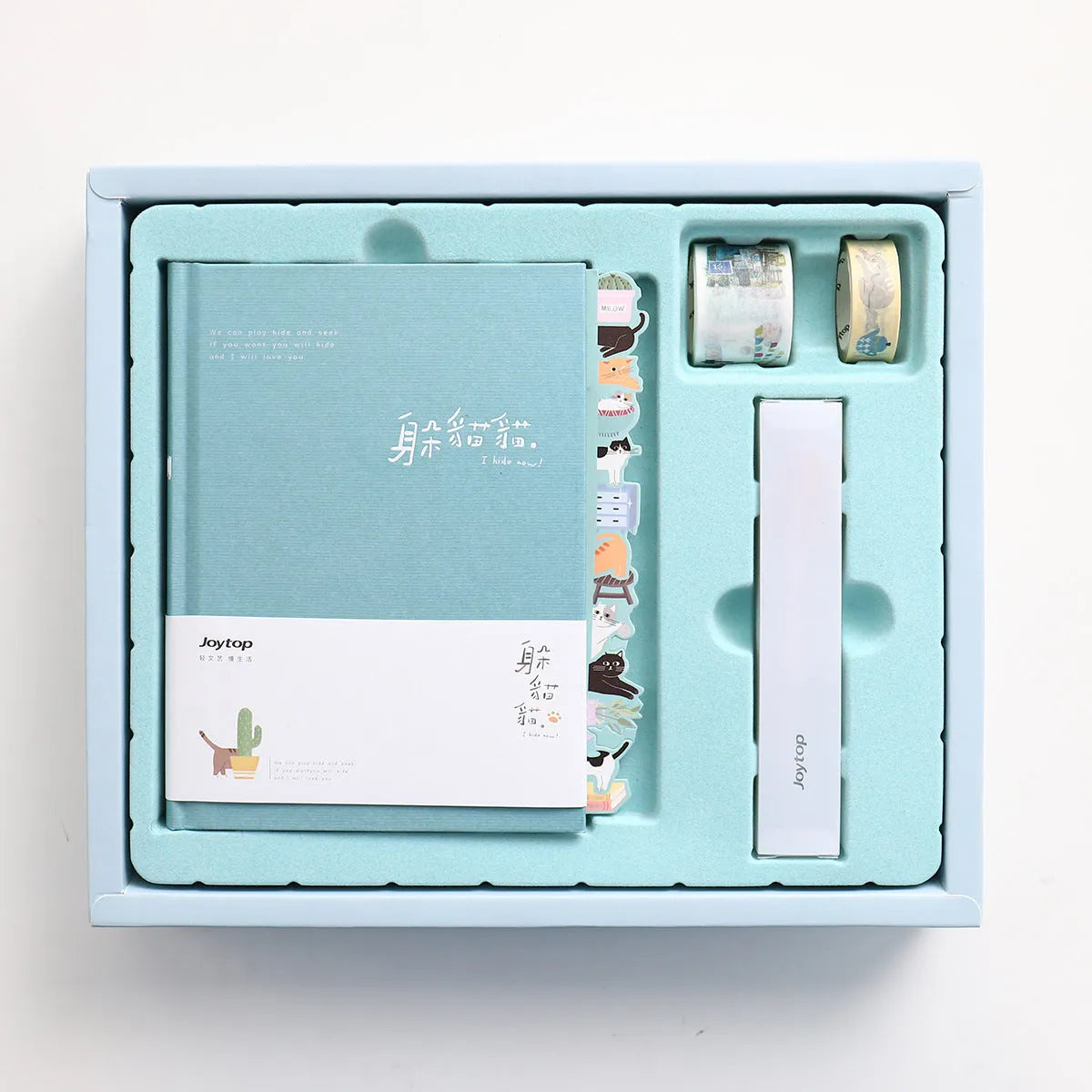 Peekaboo gift box hand ledger open showing pages, with pen, dimensions 13cm by 18cm.