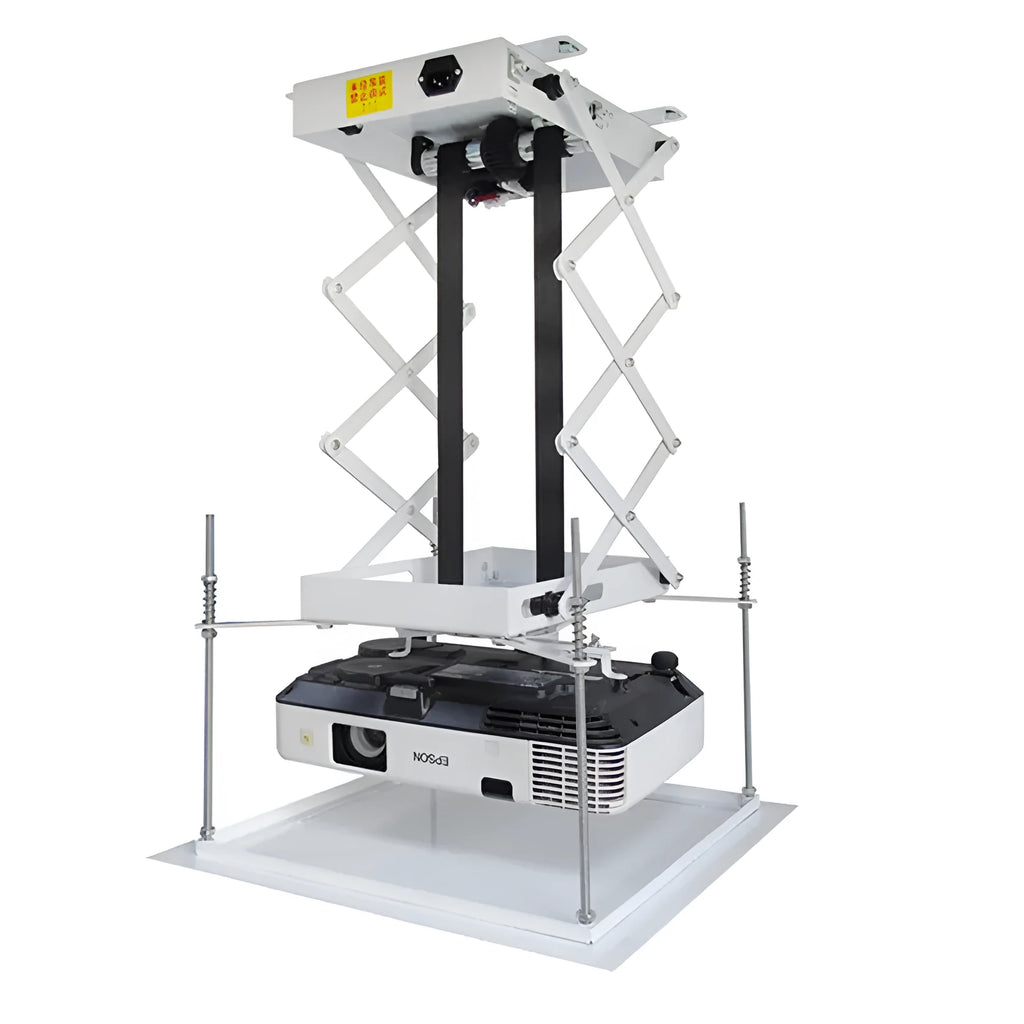 Electric ceiling projector lifting hanger with ultra-thin chassis and wireless remote control unit.