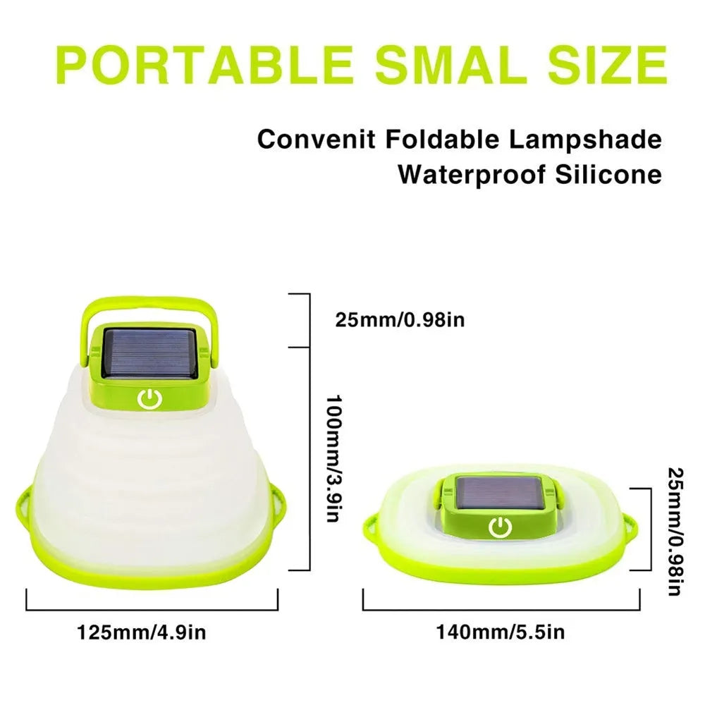 Collapsible IP68 waterproof solar camping light folded to 2.5cm thickness with USB charging port