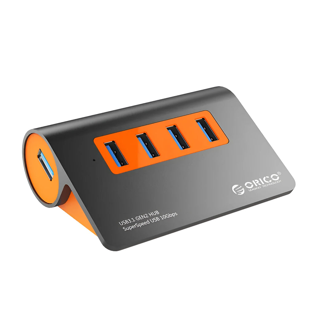 Dark grey and orange aluminium USB-C hub with four USB ports, a blue LED light, and a separate data cable.