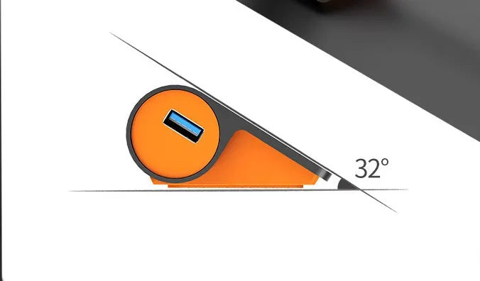 Dark grey and orange aluminium USB-C hub with four USB ports, a blue LED light, and a separate data cable.