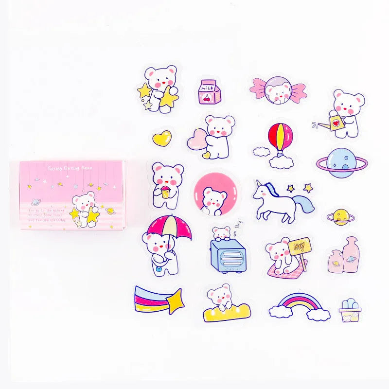 Korean Ins wind box stickers 20-piece set with pet-themed designs including bear, duck, cat, and rabbit