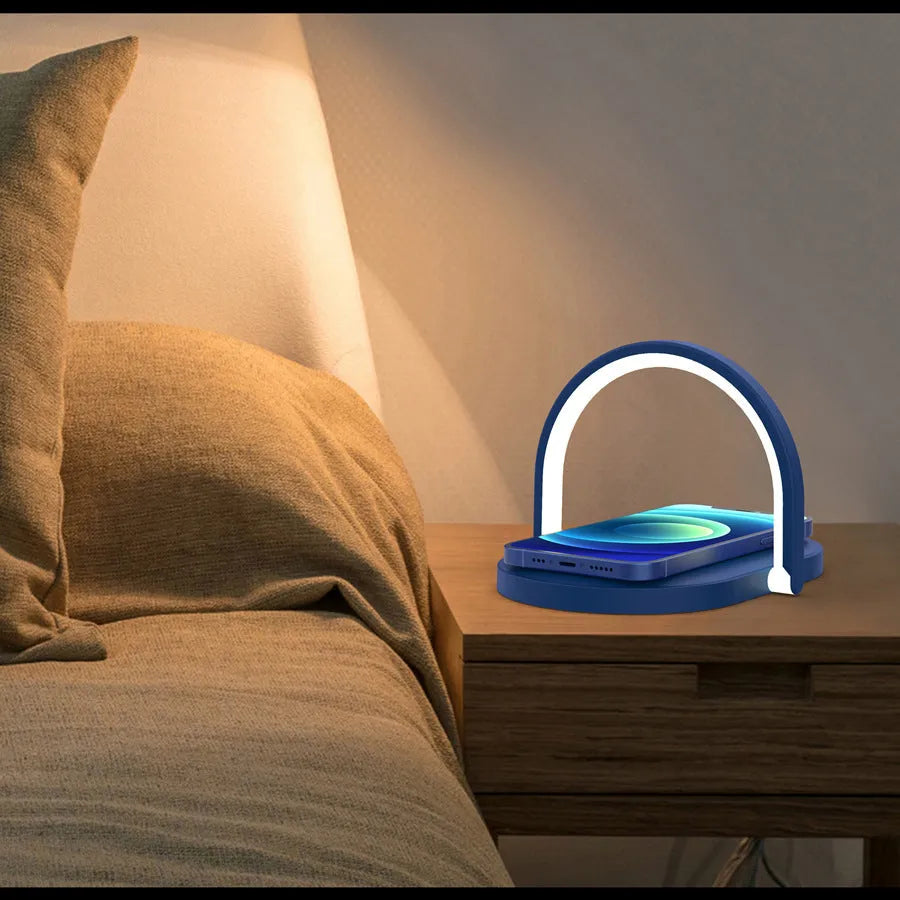 Wireless charger night light with phone holder showing black unit on bedside table