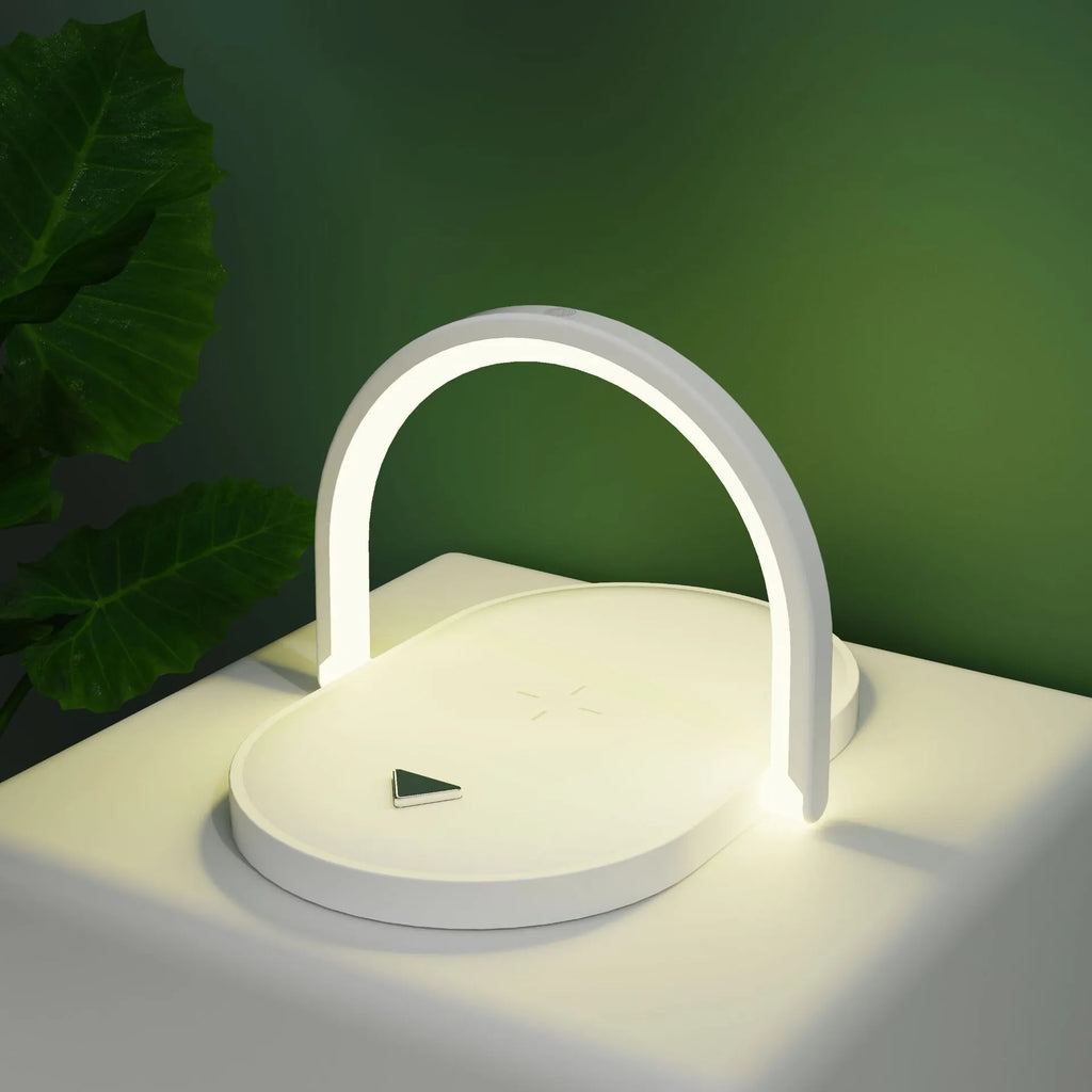 Wireless charger night light with phone holder showing black unit on bedside table