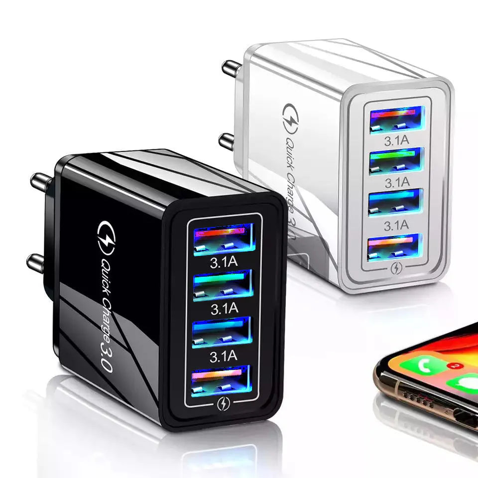 Simple Luminous 4-port USB wall charger in chosen colour, showing UK plug and four USB ports.