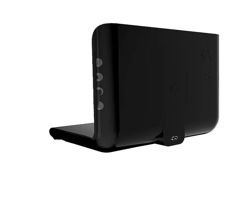 Black wireless charger alarm clock showing digital time, date, temperature and humidity display