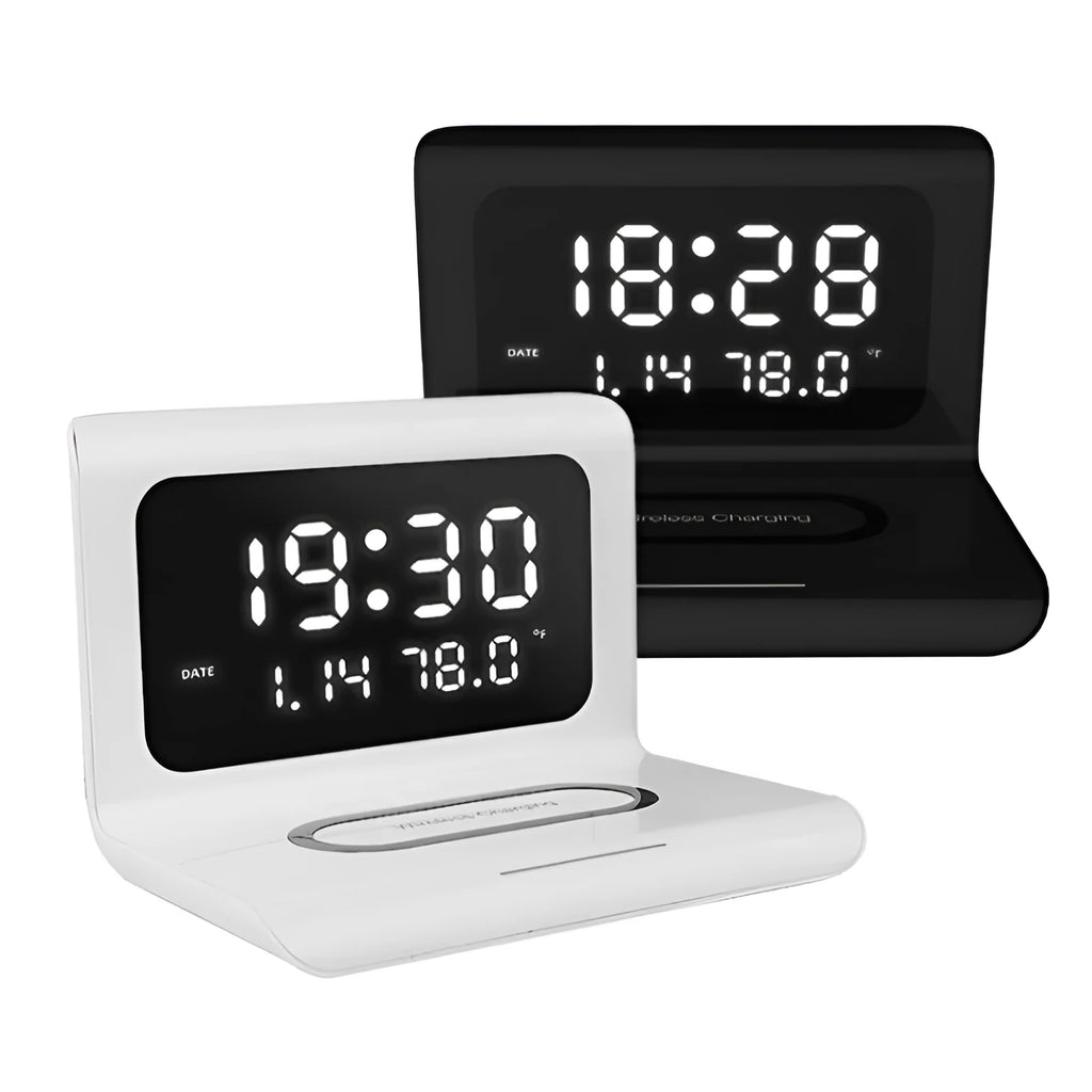 Black wireless charger alarm clock showing digital time, date, temperature and humidity display